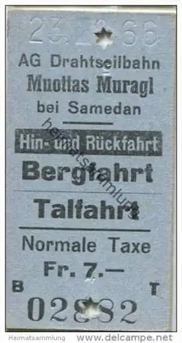 Schweiz - Muottas Muragl bei Samedan - Berg- und Talfahrt - AG Drahtseilbahn - Normale Taxe - 1966 Fahrkarte Fr. 7.-