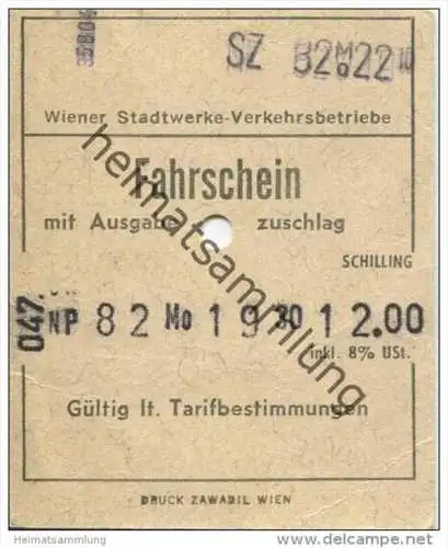 Österreich - Wien - Wiener Stadtwerke Verkehrsbetriebe - Fahrschein mit Ausgabezuschlag Schilling 12.00