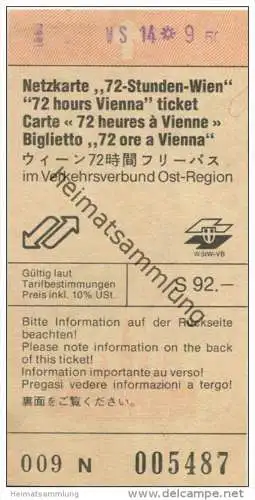 Österreich - Wien - Netzkarte 72-Stunden-Wien im Verkehrsverbund Ost-Region S 92.-