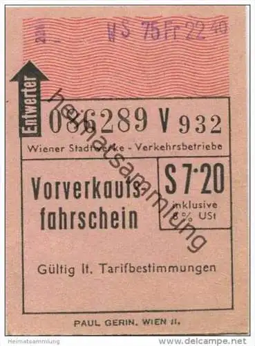 Österreich - Wien - Wiener Stadtwerke Verkehrsbetriebe - Vorverkaufsfahrschein S 7.20