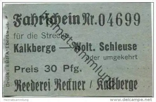 Deutschland - Reederei Reckner Kalkberge - Kalkberge Woltersdorfer Schleuse oder umgekehrt - Fahrschein 30Pfg.