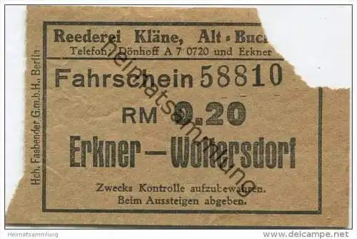 Deutschland - Reederei Kläne Alt Buckow - Erkner Woltersdorf - Fahrschein RM 0.20