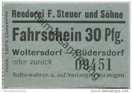 Deutschland - Reederei F. Steuer und Söhne - Woltersdorf Rüdersdorf oder zurück - Fahrschein 30Pfg.