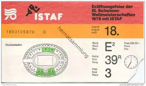 Deutschland - Berlin - Istaf - Eröffnungsfeier der III. Schwimm-Weltmeisterschaften 1978 mit ISTAF - Eintrittskarte