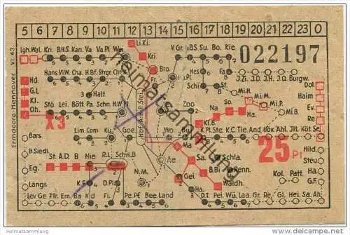 Deutschland - Hannover - Überlandwerke und Strassenbahnen Hannover AG - Fahrschein 25Pf. 1943