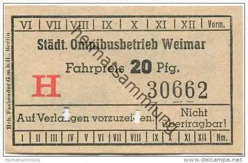 Deutschland - Weimar - Städtischer Omnibusbetrieb Weimar - Fahrschein 20Pfg.