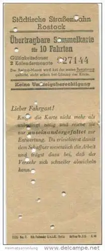 Deutschland - Rostock - Städtische Strassenbahn Rostock - Sammelkarte für 10 Fahrten 1946