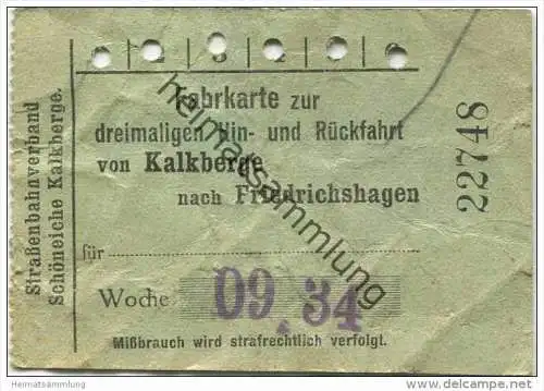 Deutschland - Schöneiche Kalkberge - Strassenbahnverband Schöneiche Kalkberge - Fahrkarte 1934 - dreimalige Hin- und Rüc