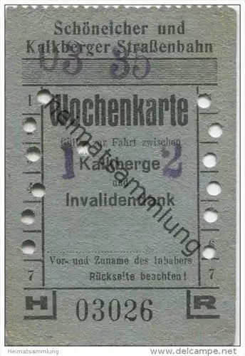Deutschland - Schöneiche Kalkberge - Schöneicher und Kalkberger Strassenbahn - Wochenkarte 1935 - Gültig zur Fahrt zwisc