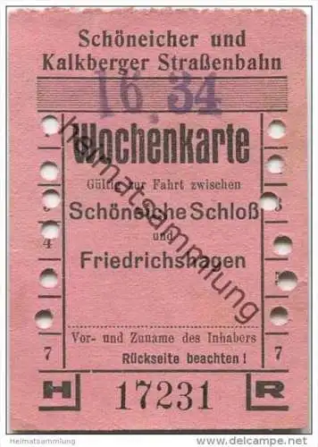 Deutschland - Schöneiche Kalkberge - Schöneicher und Kalkberger Strassenbahn - Wochenkarte 1934 - Gültig zur Fahrt zwisc