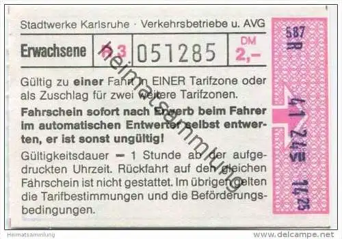 Deutschland - Karlsruhe - Stadtwerke Karlsruhe Verkehrsbetriebe und AVG - Fahrschein Kind oder Zuschlag DM 1,- - rücksei