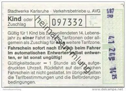 Deutschland - Karlsruhe - Stadtwerke Karlsruhe Verkehrsbetriebe und AVG - Fahrschein Kind oder Zuschlag DM 1,- - rücksei