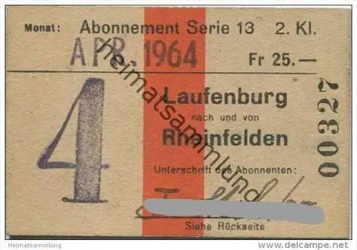 Schweiz - SBB - Laufenburg - Rheinfelden - Monats-Abonnement - Fahrkarte April 1964 - 2. Klasse
