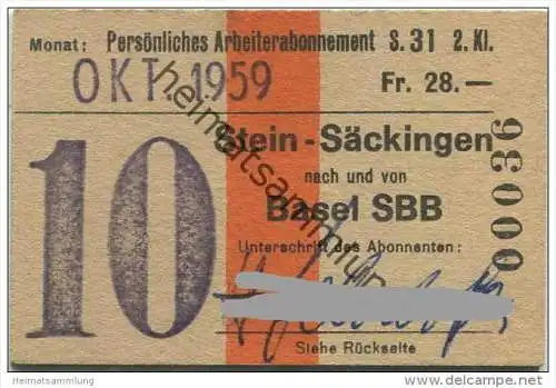 Schweiz - SBB - Stein-Säckingen - Basel - Monats-Arbeiterabonnement - Fahrkarte Oktober 1959 - 2. Klasse