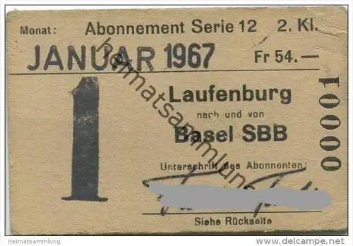 Schweiz - SBB - Laufenburg - Basel - Monats-Abonnement - Fahrkarte Januar 1967 - 2. Klasse