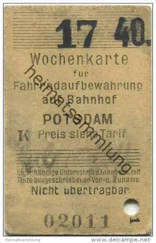 Deutschland - Potsdam - Wochenkarte für Fahrradaufbewahrung auf Bahnhof Potsdam 1940