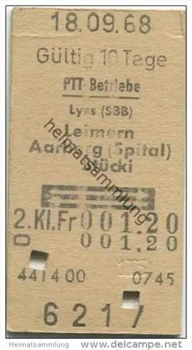 Schweiz - Schweizerische PTT-Betriebe - Lyss SBB Leimern Aarberg (Spital) Stücki - 1968 Fahrkarte Fr. 1.20