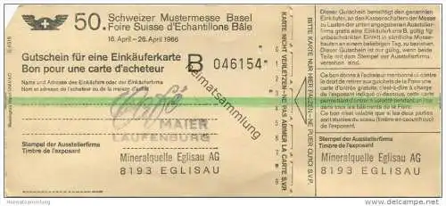 Schweiz - Basel - Schweizer Mustermesse MuBa 1966 - Gutschein für eine Einkäuferkarte - ausgestellt von Mineralquelle Eg