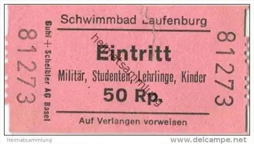 Schweiz - Laufenburg - Schwimmbad Eintritt Militär Studenten Lehrlinge Kinder 50Rp.