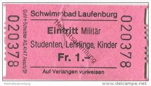 Schweiz - Laufenburg - Schwimmbad Eintritt Militär Studenten Lehrlinge Kinder Fr. 1.-