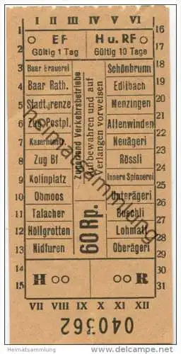 Schweiz - Zug Baar - Zugerland Verkehrsbetriebe - Fahrschein 60Rp.