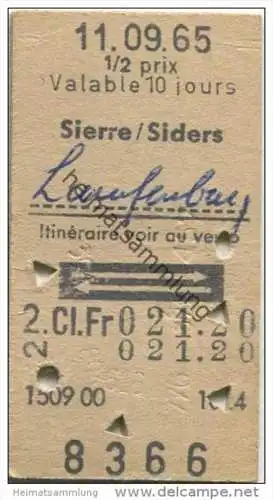 Schweiz - SBB - Sierre - Laufenburg und zurück 1/2 Preis - Fahrkarte 1965