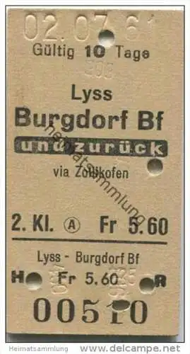 Schweiz - SBB - Lyss - Burgdorf via Zollikofen und zurück - Fahrkarte 1964