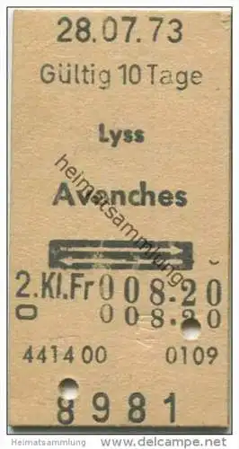 Schweiz - SBB - Lyss - Avenches und zurück - Fahrkarte 1973