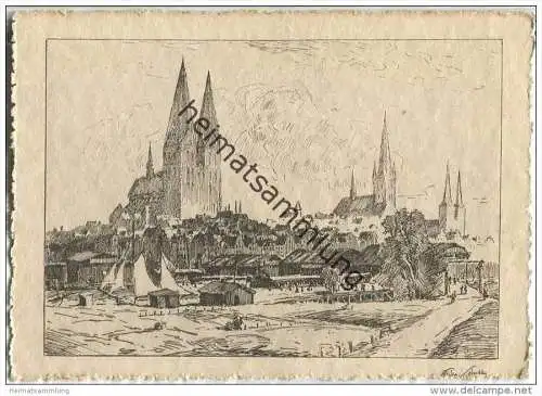 Lübeck von Westen gesehen - Zeichnung Wilhelm Schodde