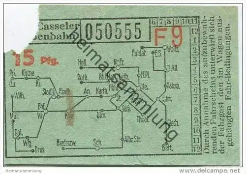 Kassel - Casseler Strassenbahn - Fahrschein 15Pfg. - rückseitig Werbung Hessische und Herkules-Bierbrauerei AG