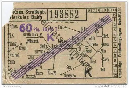 Kassel - Gr. Kasseler Strassenbahn Herkules Bahn - Fahrschein 60Pfg. - rückseitig Werbung Hessische und Herkules-Bierbra