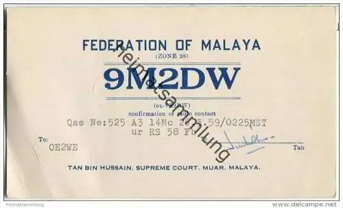 QSL - QTH - Funkkarte - 9M2DW - Malaya - Muar - 1959