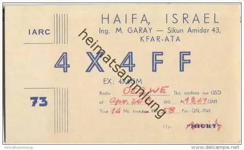 QSL - QTH - Funkkarte - 4X4FF - Israel - Kfar Atta - 1955