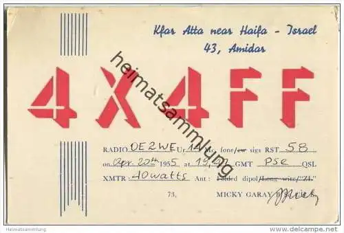 QSL - QTH - Funkkarte - 4X4FF - Israel - Kfar Atta - 1955