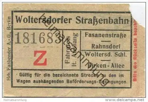 Woltersdorf - Woltersdorfer Strassenbahn - Fahrschein - Fasanenstrasse Rahnsdorf oder Woltersdorfer Schleuse Birkenallee