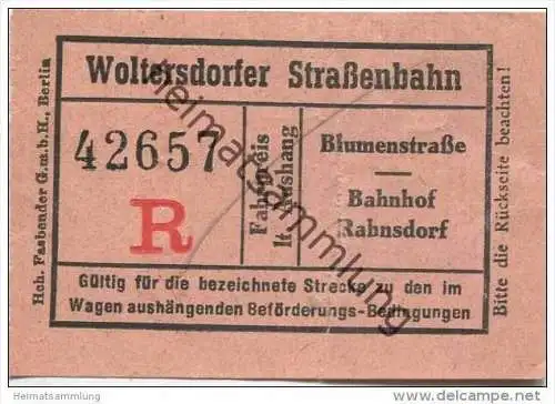 Woltersdorf - Woltersdorfer Strassenbahn - Fahrschein Blumenstrasse Bahnhof Rahnsdorf - rückseitig Werbung: Die Küche de