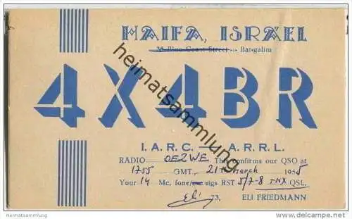 QSL - QTH - Funkkarte - 4X4BR - Israel - Haifa - 1955