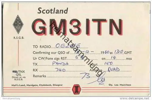 QSL - QTH - Funkkarte - GM3ITN - Scotland - Glasgow - 1960 - INDIA red flash tyres