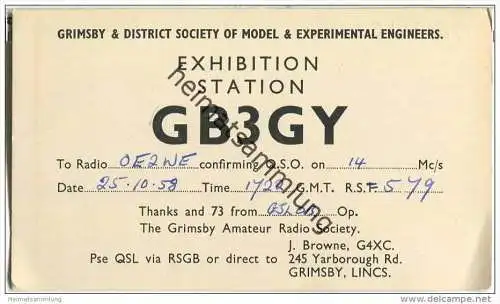 QSL - QTH - Funkkarte - GB3GY - Great Britain - Grimsby - 1958