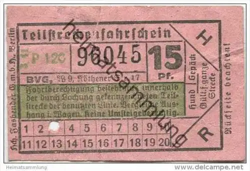 Berlin - BVG Teilstrecken-Fahrschein  15Pf. 1941
