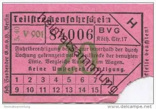 Berlin - BVG Teilstrecken-Fahrschein  20Pf. 1940