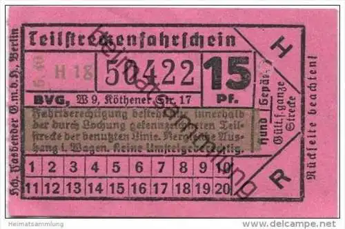 Berlin - BVG Teilstrecken-Fahrschein  15Pf. 1940
