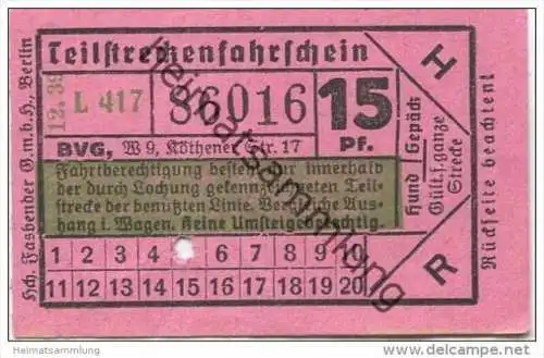 Berlin - BVG Teilstrecken-Fahrschein  15Pf. 1939