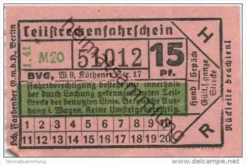 Berlin - BVG Teilstrecken-Fahrschein  15Pf. 1941