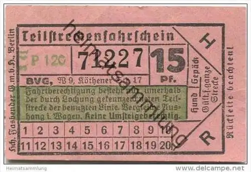 Berlin - BVG Teilstrecken-Fahrschein  15Pf. 1941