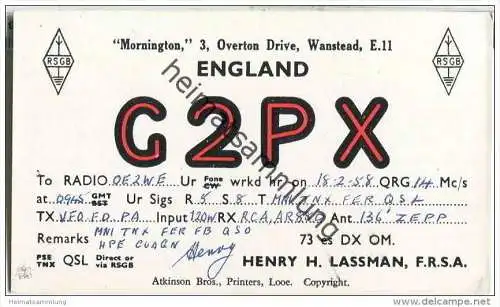 QSL - QTH - Funkkarte - G2PX - Great Britain - Wanstead - 1958