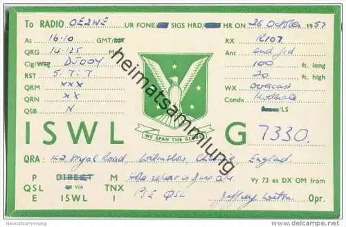 QSL - QTH - Funkkarte - ISWL G7330 - Great Britain - Wilmslow Cheshire - 1957