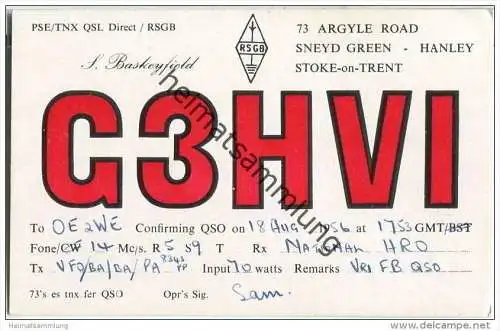 QSL - QTH - Funkkarte - G3HVI - Great Britain - Stoke-on-Trent - 1956
