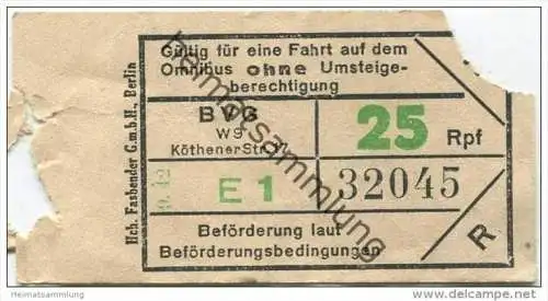 Berlin - BVG Omnibus Fahrschein 25Rpf 1942