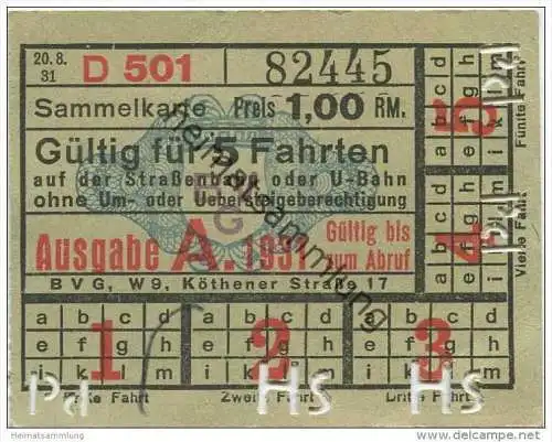 Berlin - BVG Fahrkarte - Sammelkarte 1931 - Gültig für 5 Fahrten auf der Strassenbahn oder U-Bahn ohne Um- oder Ueberste